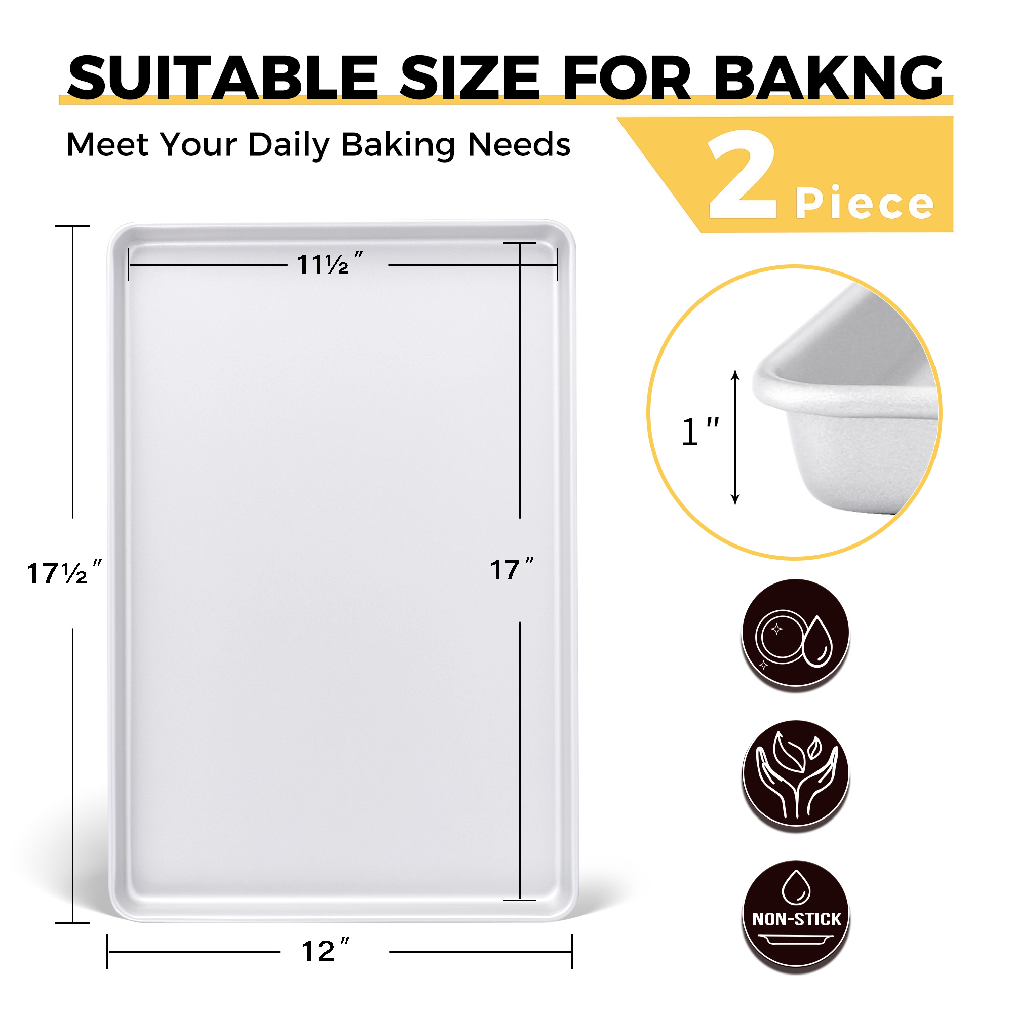 HONGBAKE 2 Pack Half Sheet Pan Set, Nonstick Cookie Sheets for Baking, 17.5 x 12 Inch Baking Sheet Pans, Heavy Duty Carbon Steel, Silver