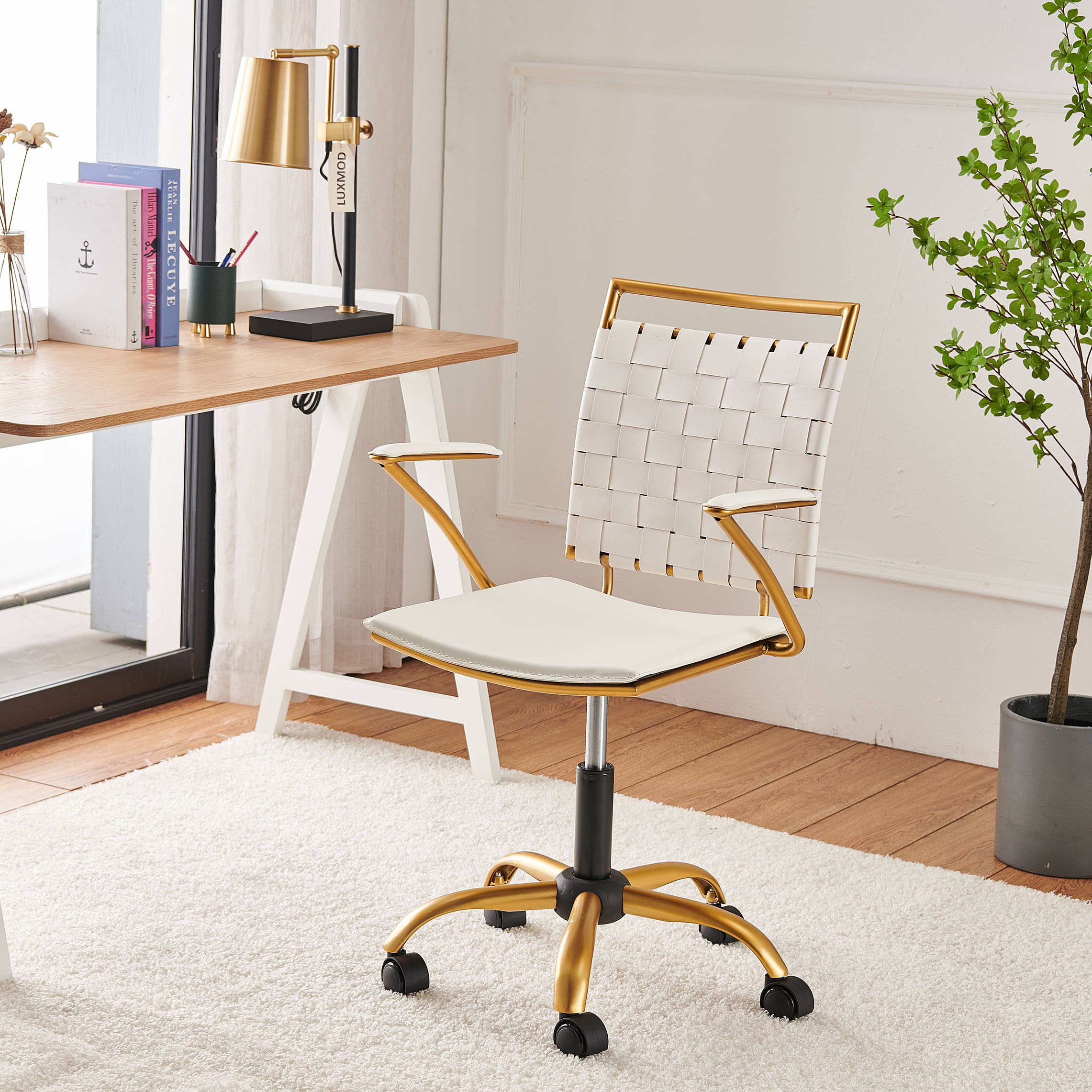 LUXMOD Mid Back Office Chair With Armrest White Adjustable Swivel LUXMOD Mid Back Office Chair With Armrest White Adjustable Swivel