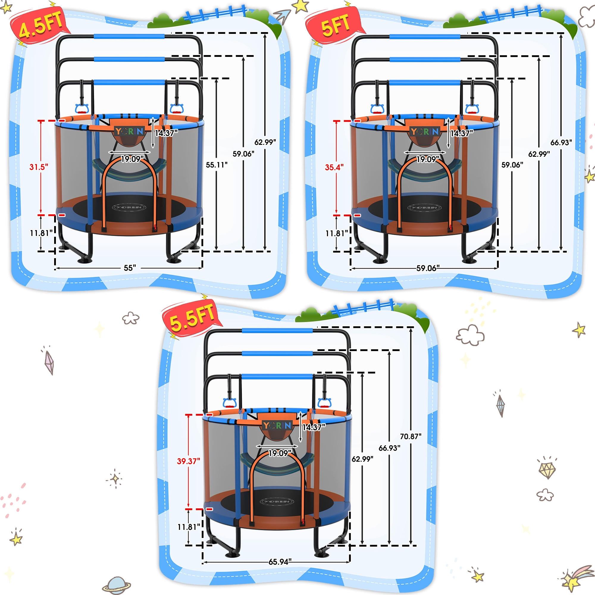 YORIN Trampoline for Kids, 65'' Toddler Mini Trampoline with Enclosure Net, Basketball Hoop, 5.5FT Indoor/Outdoor Kids Trampoline with Swing, Adjustable Gymnastics Bars, Gifts for Boys Girls, 650LBS