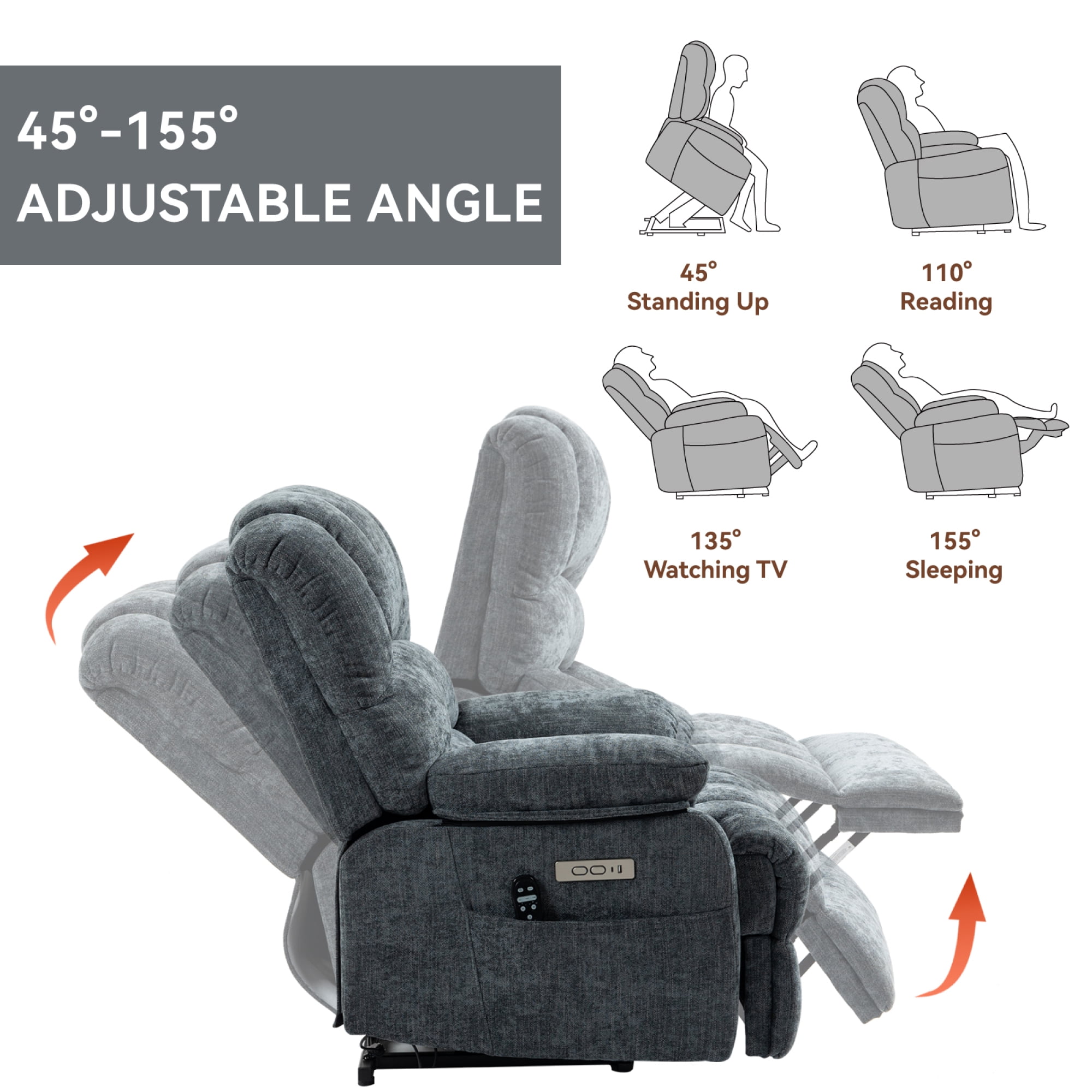 Leumius Power Lift Recliner Chair for Elderly with Vibration Massage and Lumbar Heating,23.5" Extra Wide Single Sofa with High Back,Side Pocket,USB Charge Port for Living Room,Blue-gray