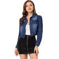 thumbnail image 1 of Chaqueta de mezclilla lavada con botones y manga larga de mezclilla corta de algodón para mujer Azul oscuro XL, 1 of 6