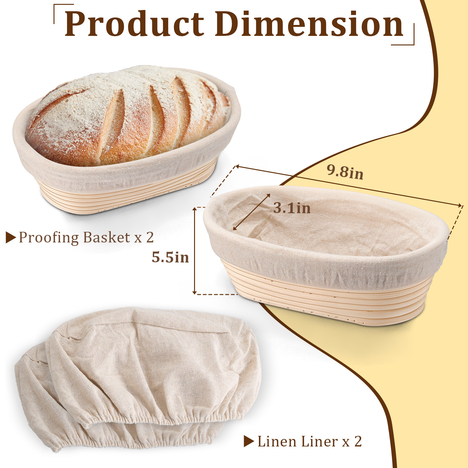 Vesteel Bread Proofing Basket Set of 2, 10 inch Oval Banneton Bread Baking Baskets with Liner, Baking Supplies Tools Included for Fermenting Baking Dough