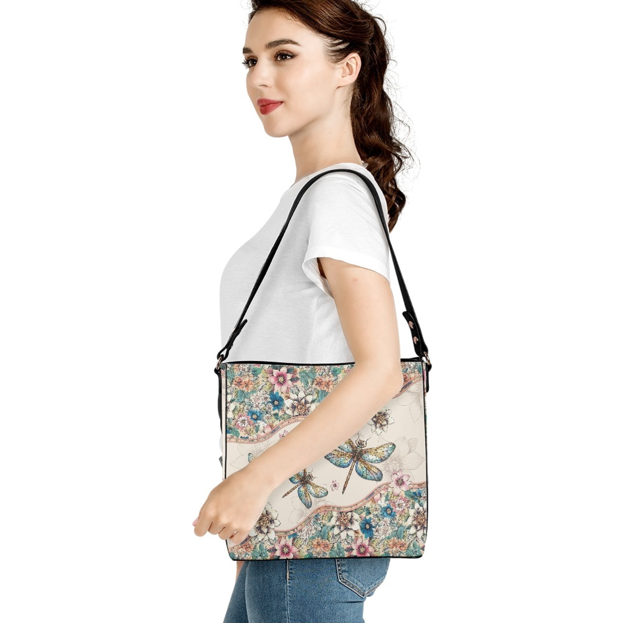Kuiaobaty Dragonfly Print Crossbody Bag for Women, Flowers Print Leather Shoulder Handbag Crossbody with Adjustable Strap, Ethnic Style Bucket Bag Purse for Travel, Beige
