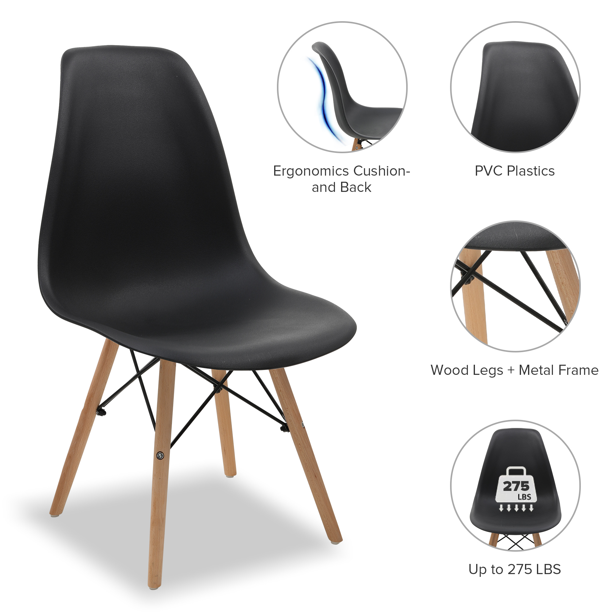 COMHOMA Dining Chair PVC Plastic Lounge Chair Kitchen Dining Room Chair, Black Set of 4 - image 5 of 6
