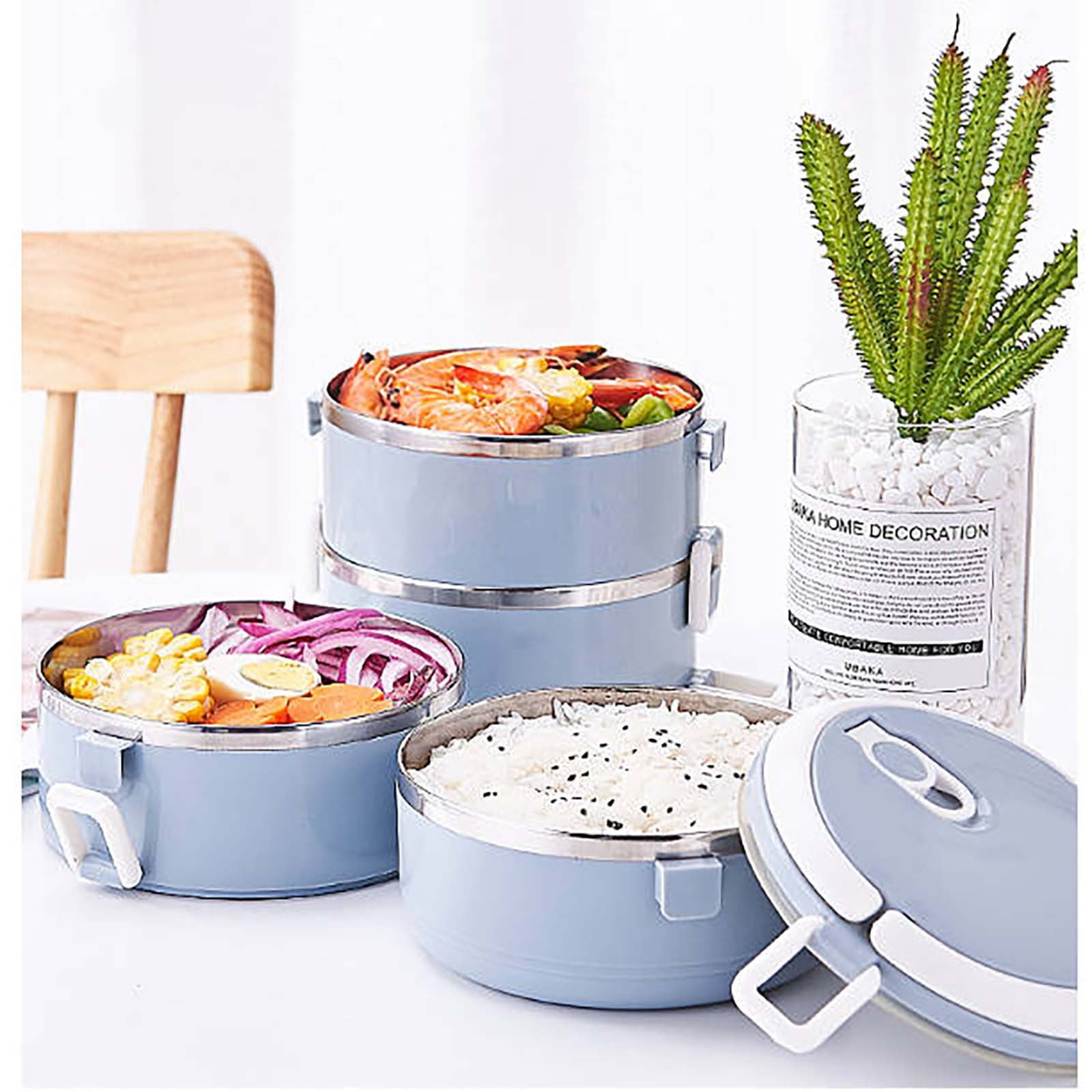 AZXY Metal Bento Box, 4-Layer Round Stainless Steel Insulated Lunch Box, Portable Leakproof Fresh Keeping Bentgo Box for Office Outdoor Use, Blue