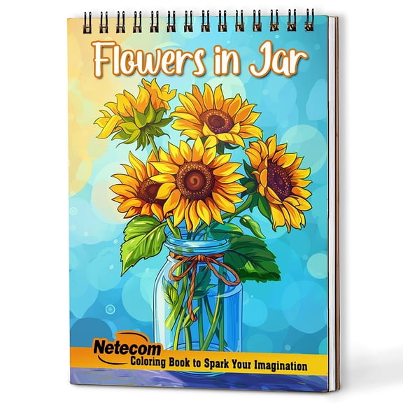 Netecom Flowers in Jar Coloring Book Spiral Bound for Adults, A5 Wooden Cover, 30 Beautiful Coloring Pages of Blooming Flower Inside The Jar for Stress Relief and Relaxation