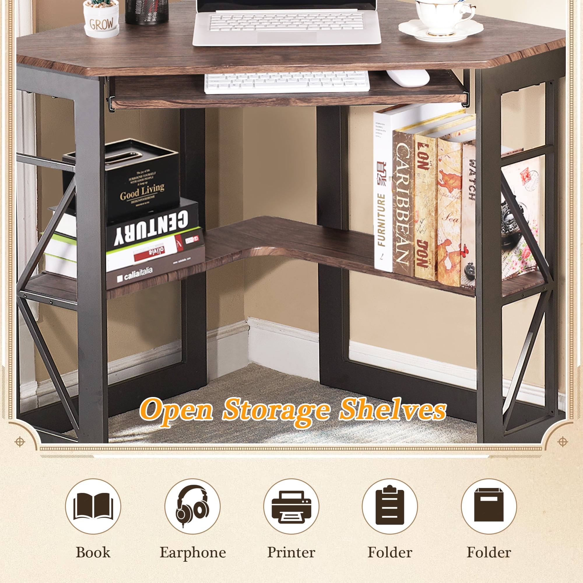 VECELO Corner Computer Desk with Keyboard Tray and Storage Shelf, Student Study Writting Table Workstation for College Dorm Apartment Home Office, Dark Brwon (90 Degrees)