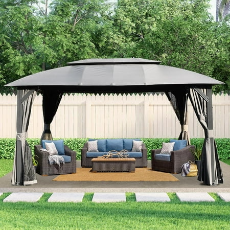 Domi Outdoor Living 10x14FT Outdoor Gazebo with Double Roofs, Privacy Curtains, Mosquito Nettings, Heavy Duty Metal Frame Party Tent Canopy for Patio, Backyard, Deck, Lawn,Gray