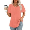 thumbnail image 3 of TKLPEHG Summer Shirts for Women Solid Color Casual Going Out Tops Round Neck Ruched Tunic Tops Short Sleeve T Shirts Loose Lightweight Summer Blouses(Pink,L), 3 of 8