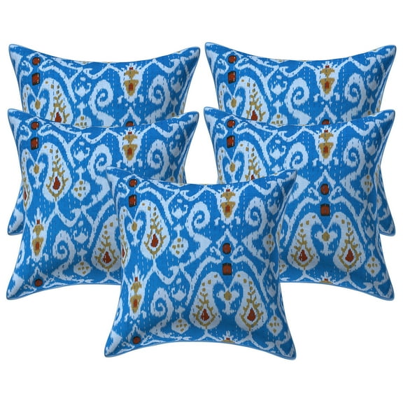 Stylo Culture Ethnic Settee Sofa Throw Pillow Covers 16x16 Kantha Blue Printed 40 x 40 cm Living Room Decor Cotton Ikat Square Cushion Covers | Set Of 5
