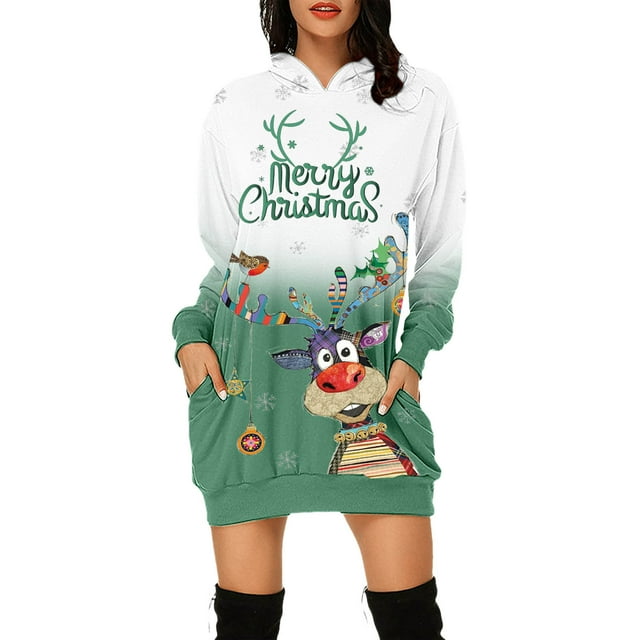 Chandail en Molleton d'Hiver pour Femmes, Cardigan à Col Rond Chaud, Mode Pull Imprimé Noël, Pull de Noël, Blouse Ample Mi-Longue