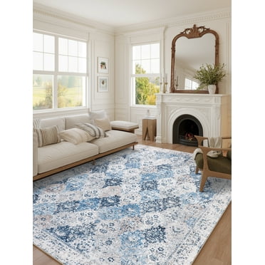 BERTHMEER 6'x9' Blue Vintage Oriental Area Rugs for Living Room Bedroom Dining Room Farmhouse Distressed Rugs Machine Washable non-slip
