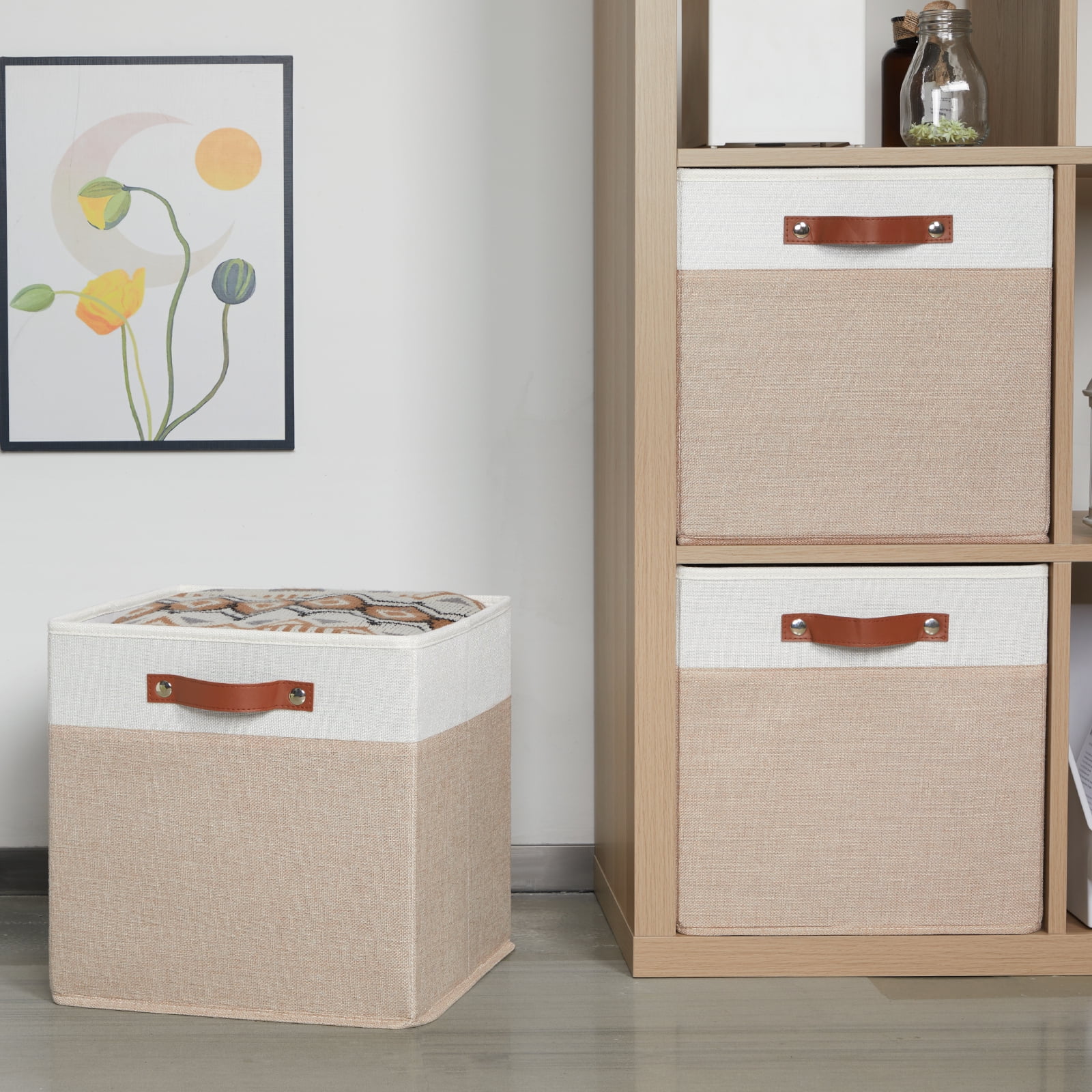 ANLEM Fabric Baskets for Organizing 13x13 Storage Cubes, 4PCS Fabric Foldable Canvas Storage Bins for Shelves, Cloth Storage Bins for Cube Organizers Toy(White Beige)