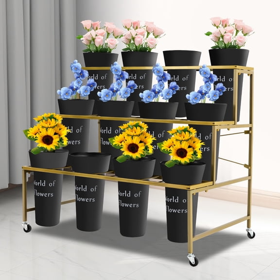 Flower Display Stand With 12PCS Buckets, 3 Layers Metal Plant Stand with Wheels, Heavy Duty Moving Plant Cart Shelf, for Indoor, Living Room, Florist (Black - Round Bucket)