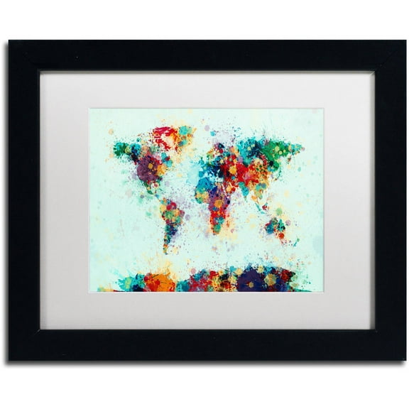 Trademark Fine Art "World Map Paint Splashes" Canvas Art by Michael Tompsett, White Matte, Black Frame