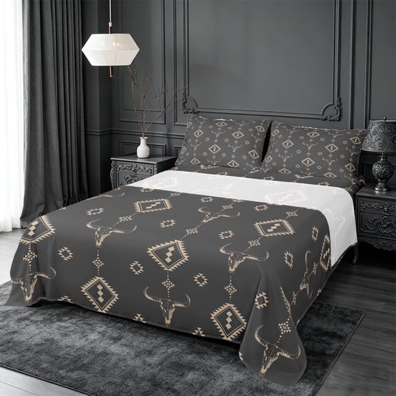 meiyoeat Vintage Bull Skull Queen Sheets For Boys,Retro Aztec Geometric Rhombus Queen Sheet Sets For Kids,4pcs