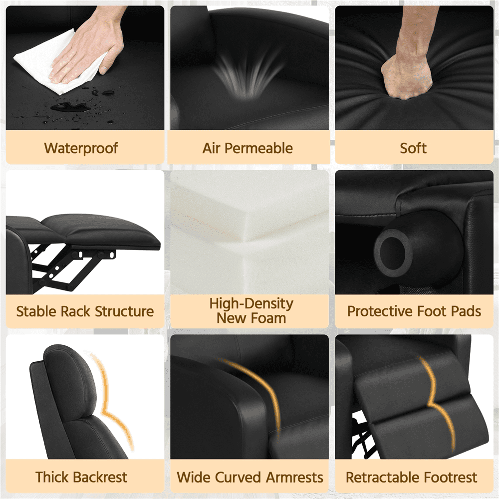 Alden Design Faux Leather Push Back Theater Recliner Chair with Footrest for Livingroom, Black