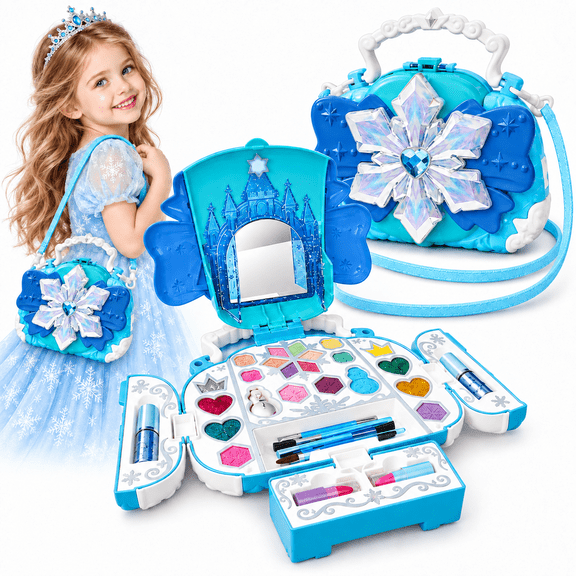 Kids Makeup Kit for Girls, AOGSIYT 32-Piece Washable Makeup for Kids with Princess Cosmetic Case, Princess Dress-Up Toys Birthday Gift for Ages 3-12