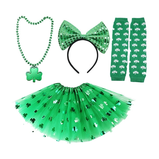 Decoraciones para el Día de San Patricio, Accesorios para el Día de San Patricio, Conjunto de disfraces para la fiesta del Día de San Patricio: Falda tutú, collar de cuentas, mangas verdes (adulto). D