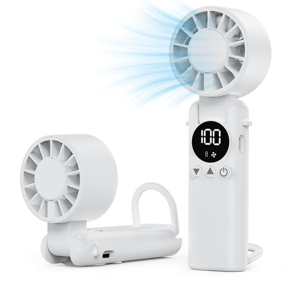 Portable Handheld Fan, 5000mAh Rechargeable Mini Personal USB Fan with LED Display & Foldable Design, 199-Speed Powerful Battery Operated Travel Fan for Women, Outdoor, Office White