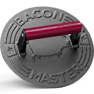 Bacon Master Cast Iron Bacon Press, 8.5-Inch Bacon Press for Griddle with Wood Handle, Round