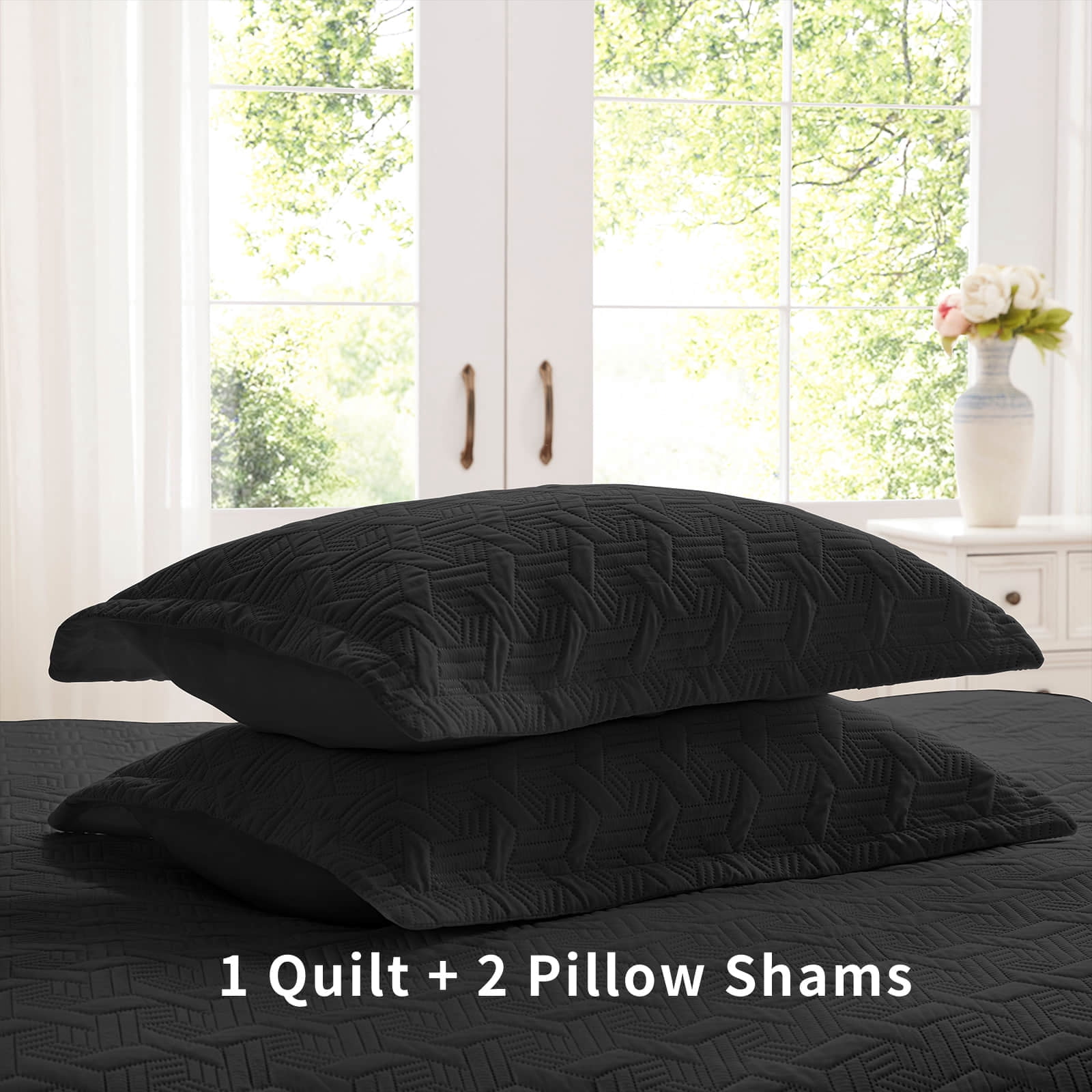 Full/Queen Quilt Set 3 Pieces, Lightweight Black Bedspread-90''x98'', Soft Microfiber Summer Quilt/Coverlet, Luxurious Warm Bedding Sets for All Seasons (Includes 1 Quilt, 2 Shams)