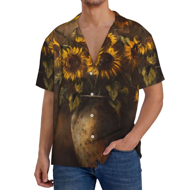 Fotbe Rustic Sunflower Bouquet Camisa Estampada de Manga Corta para Hombre, Casual de Verano, Estilo Playero, Sin Arrugas-X-Large