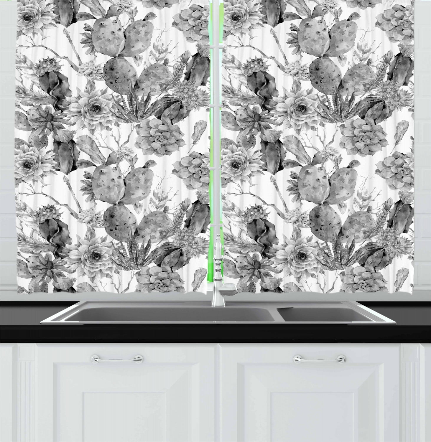 Cactus Curtains 2 Panels Set, Boho Chic Style Monochrome Cactus Flowers and Feathers Exotic Botanical Vintage, Window Drapes for Living Room Bedroom, 55W X 39L Inches, Grey White, by Ambesonne