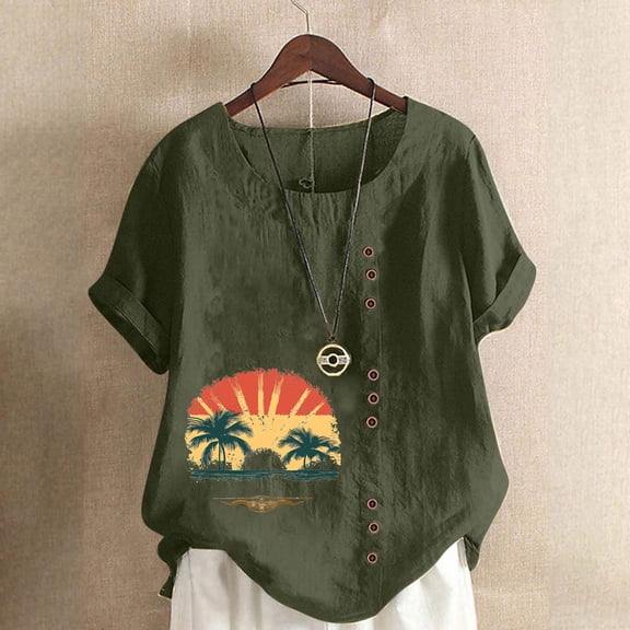 QUNYINEY Crew Neck Shirts for Women Trendy Casual Short Sleeve Hawaiian Tops Linen Loose Button Pullover Shirts