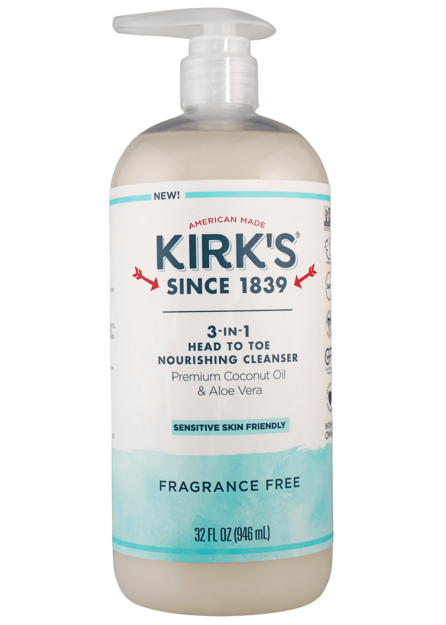 Kirk's 3-in-1 Head to Toe Nourishing Cleanser - Body Wash Fragrance Free 32 FL OZ