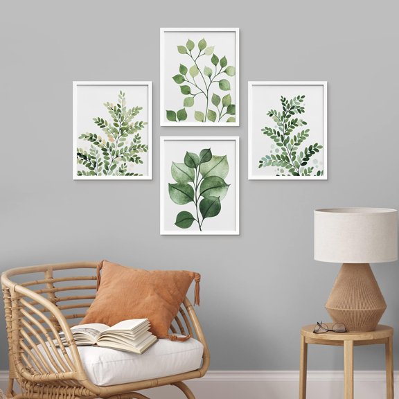 PixonSign Framed Wall Art, Green Pastel Forest Fern Leaf Posters, Set of 4 Collage Nature Garden Wall Decor Prints, Nature Wilderness Adhesive Canvas Wall Décor, Classic Artwork - 11"x14" White