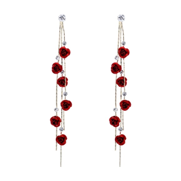 Pendientes de rosa, pendientes colgantes, pendientes largos con borlas de diamantes de imitación, pendientes colgantes Rojo
