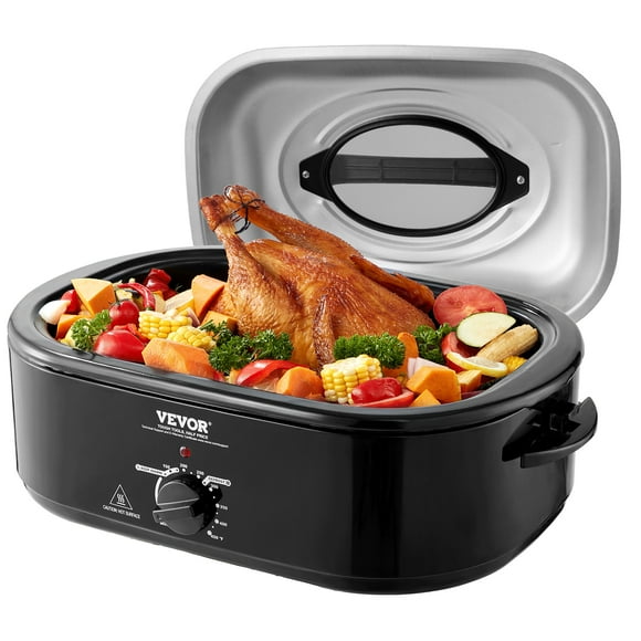 VEVOR Electric Roaster Oven, 28 lb 24 QT Turkey Roaster Oven with Self-Basting Lid, Roaster Oven with Removable Pan, Defrost & Warm Function, Adjustable Temperature, Visible & Self-basting Lid, Black