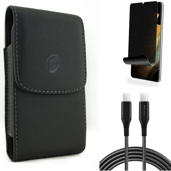 Case Belt Clip & Privacy Screen Protector & 6ft Long USB-C Cable for Samsung Galaxy S21 Ultra Phone - Leather Holster & TPU Film Fingerprint Works & PD Fast Charger Cord Power Accessory Bundle