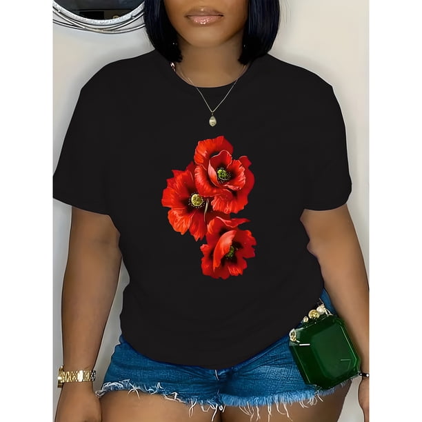 Camiseta de manga corta para mujer talla plus, cuello redondo, impresión gráfica de amapola roja, suave mezcla de poliéster, lavable en máquina, ajuste regular, moda primaveraverano, estilo de pulóver