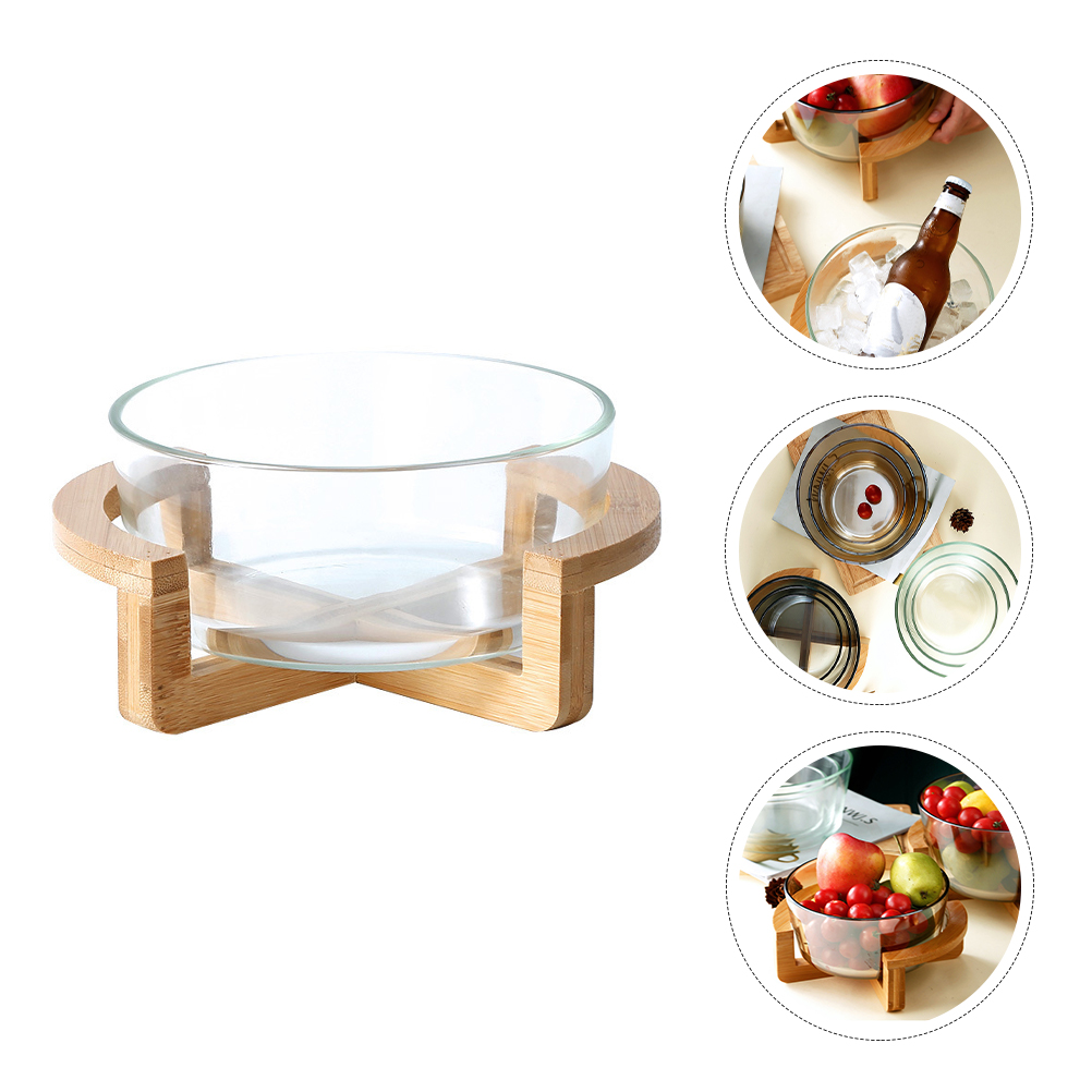  DOITOOL Creative Glass Serving Bowls, Round Salad Container,  Clear Salad Serving Bowl with Wood Stand for Pistachios, Edamame, Cherries,  Nuts, Fruits, Candies