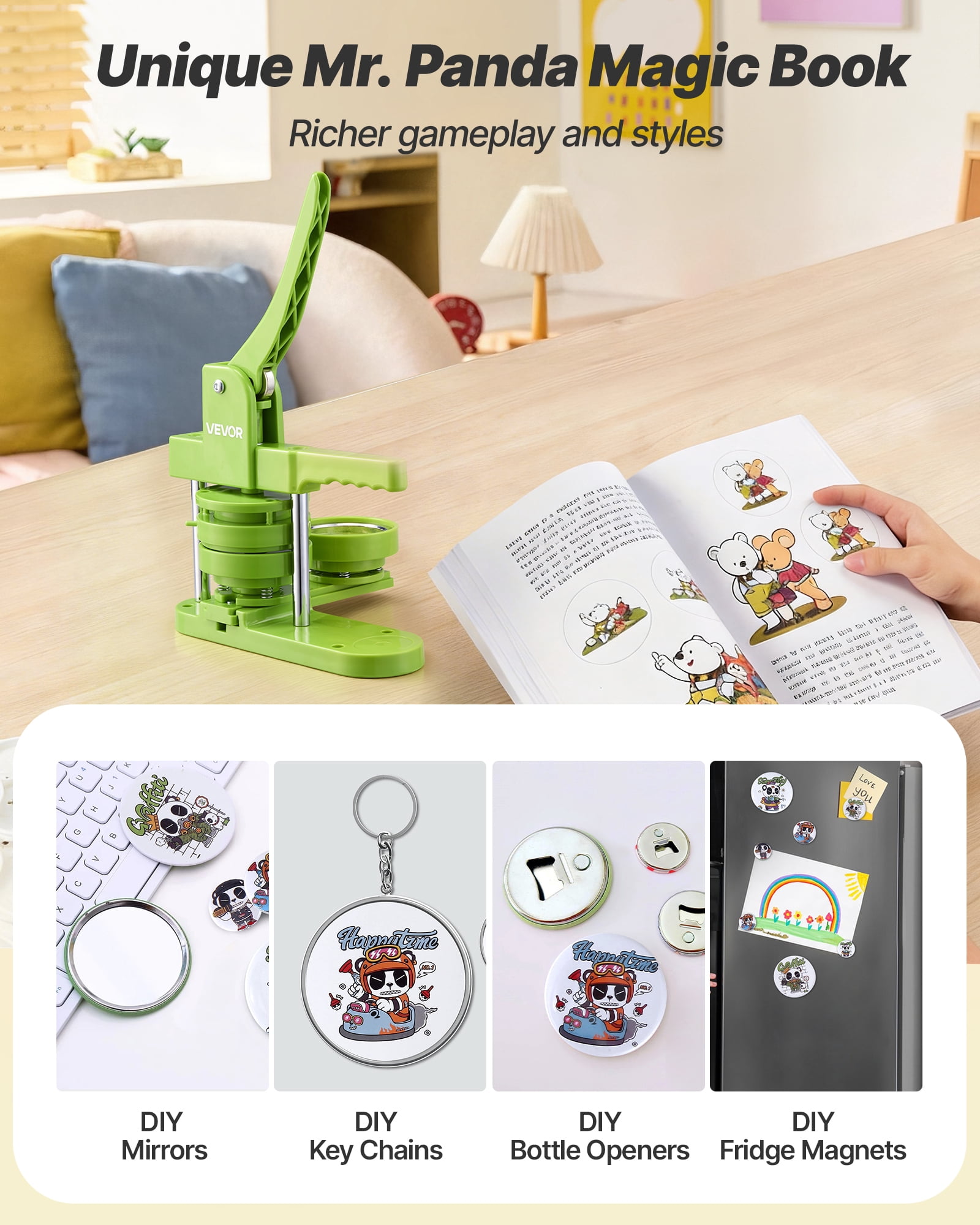 VEVOR Button Maker Machine, 2.95 in, Plastic Pin Maker with 100pcs Button Parts, Mr. Panda Magic Book, Circle Cutter and Hex Wrenches, Reinforced Ergonomic Handle, for DIY Badges, Personalized Pins