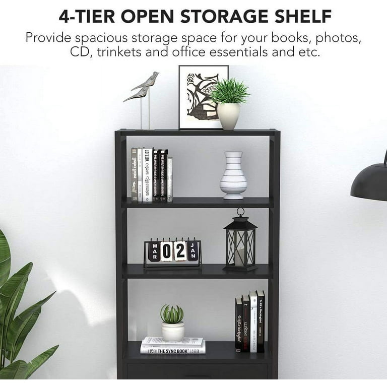 Bookcase with 2 Drawers, 4 Tiers Storage Oraganizer Bookshelf and