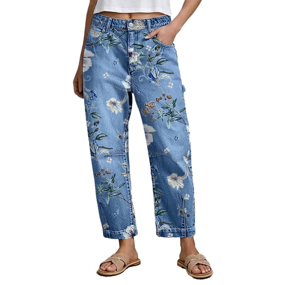 Women's High Waist Floral Print Denim Pants Straight Leg Classic Style Casual Long Trousers with Pockets Stretchy Skinny Fit for Office Daily Wear Red L