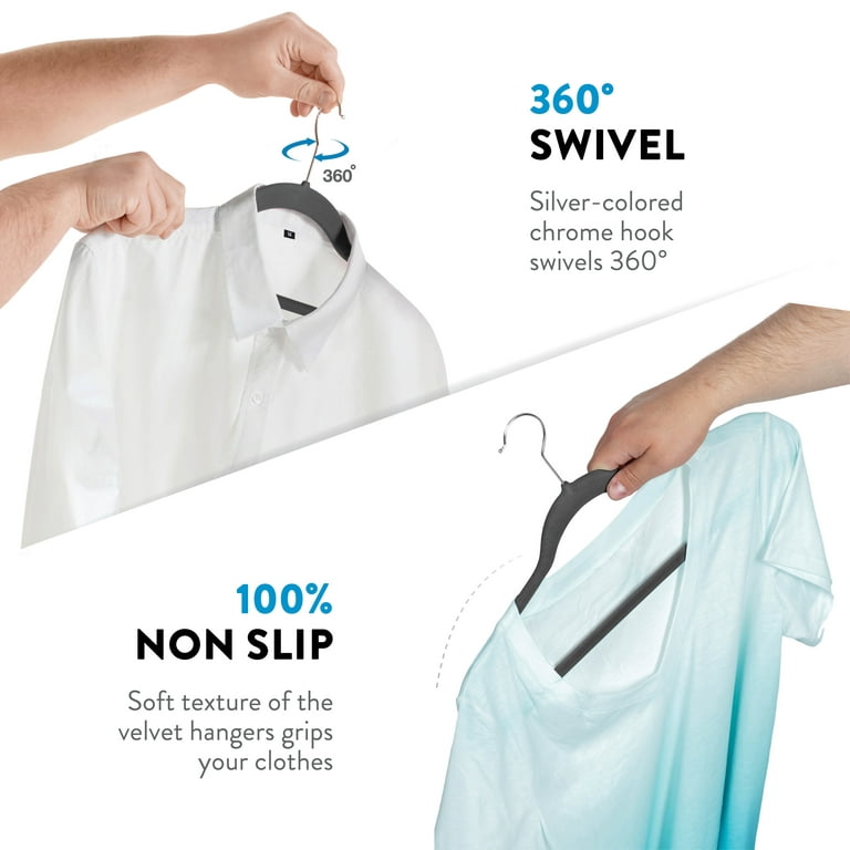100 Velvet Suit Hangers - Non-Slip with Chrome Swivel Hook - Gray