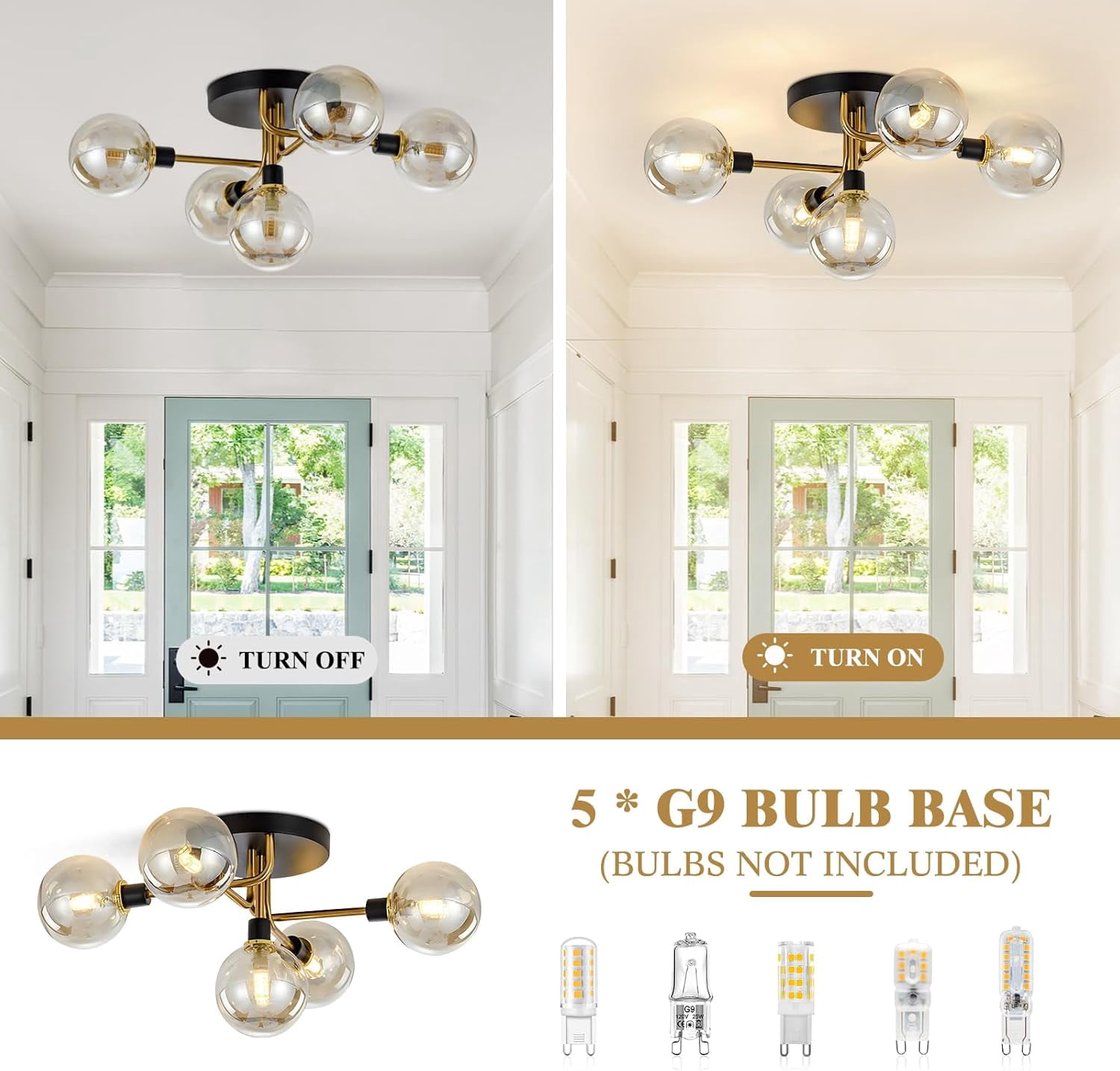 KCO Lighting 5-Light Mid-Century Modern Glass Globe Semi Flush Mount Ceiling Light, Black and Gold Ceiling Lamp