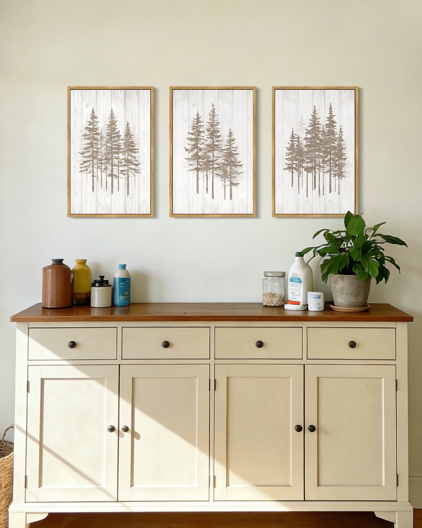 SHENIFY Foggy Pine Tree Wall Art 16x24in3pcs Natural Framed Watercolor Nature Abstract Misty Forests Wall Decor Minimalist Rustic Painting for Bedroom Living Room
