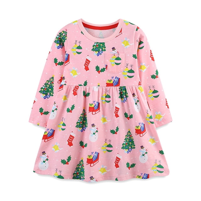 LUOGENLI Robe Robe de Noël pour Enfants Robe pour Filles Robe Tricotée en Coton Dessin Animé Col Rond Robe de Princesse Jupe Maxi avec Fentes des Deux Côtés 2-3 Ans