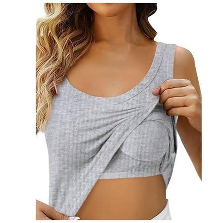 XADYUY Tank Top with Built In Bra Padded Double Lined U Neck Undershirts Sleeveless Slimming Spring Compression Tanks Basic Padded Yoga Tank Tops Light Gray M