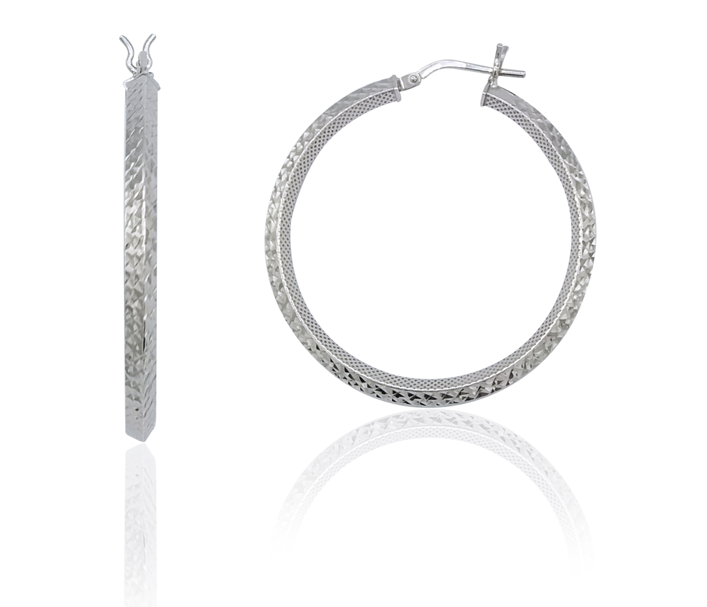 Brilliance Fine Jewelry Rhodium Plated Sterling Silver Diamond Cut Square Tube Women's Hoops