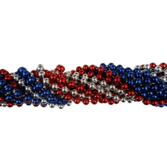 33 inch 7mm Round Metallic Red, Blue and Silver Mardi Gras Beads - 6 Dozen (72 necklaces)