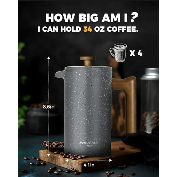 POLIVIAR French Press Coffee Maker, 34 Ounce Coffee Press with Real Wood Handle, Double Wall Insulation & Dual-Filter Screen,  Stainless Steel for Good Coffee and Tea (Lava)