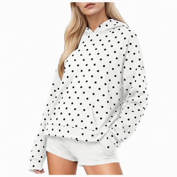 vigerkar Women Polka Dot Hoodie Oversized Hooded Sweatshirt Long Sleeve Drop Shoulder Graphic Print Hoodies with Pocket (White, L)