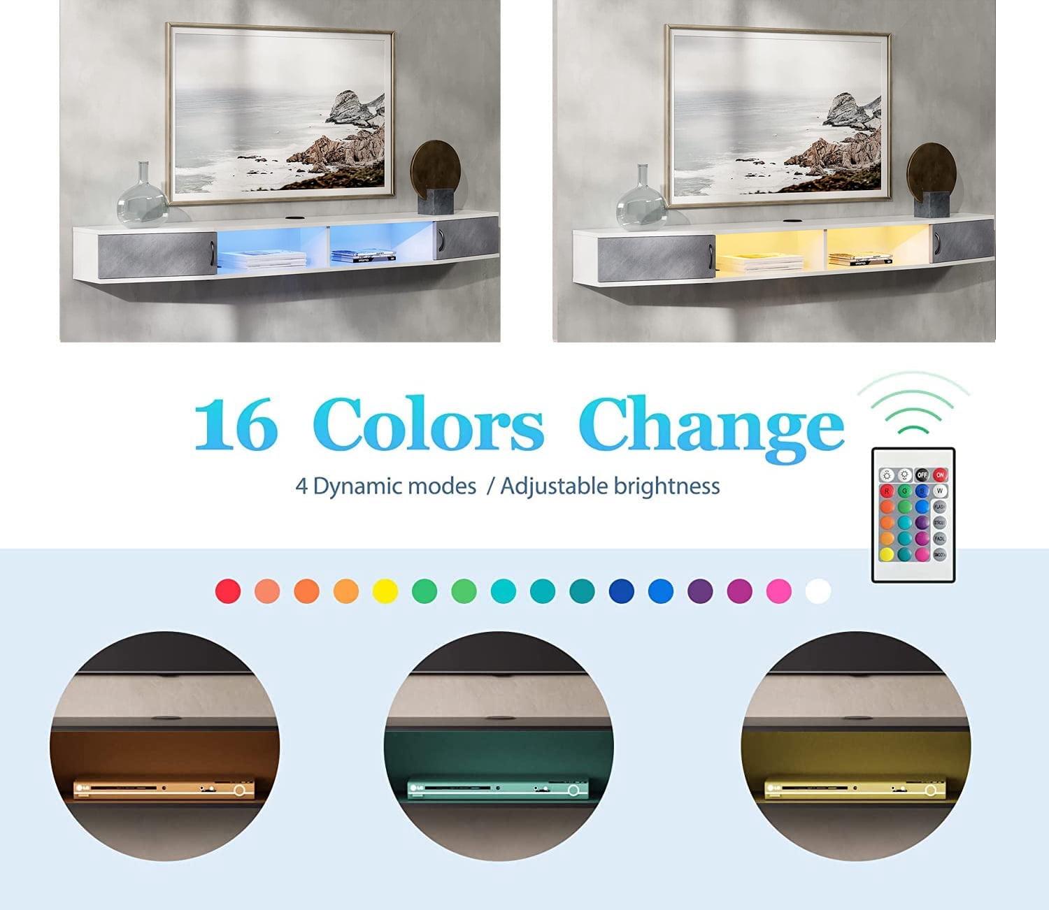 Floating TV Stand Wall Mounted Shelf with Colorful LED Lights, Wood Media Console Entertainment Center Under TV, Cabinet Hutch Desk Storage for Home and Office,Black