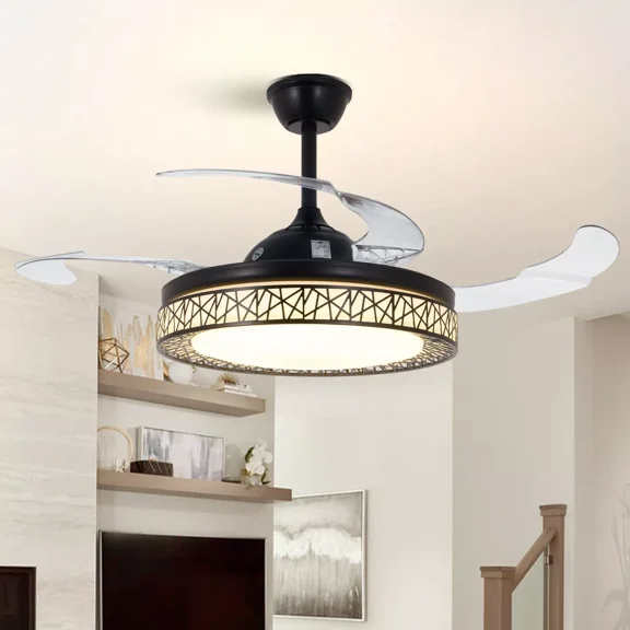 AFANQI 42" Retractable Blade Ceiling Fan LED Chandelier Remote 3-Color 3-Speed Fan Lamp